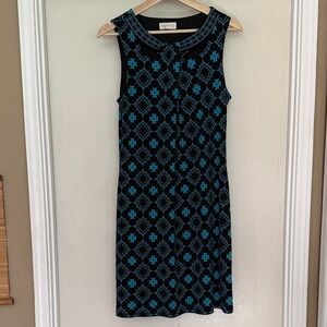 Sleeveless Black Midi Dress with Teal Geometric Pattern
